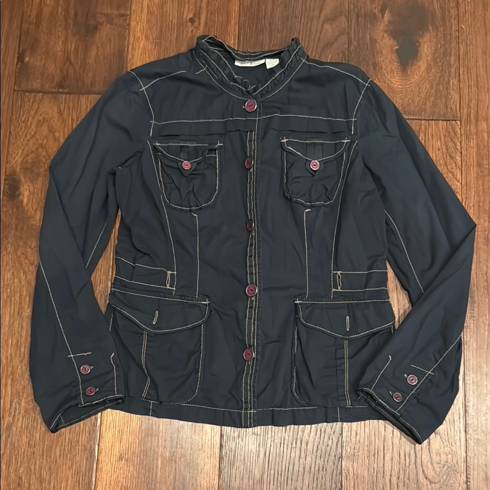 DKNY Navy Women's Button-up Jacket with Pink buttons & white stitching